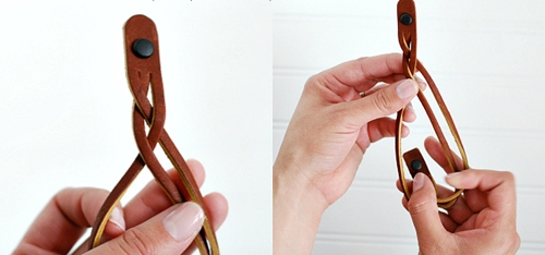 Learning to weave bracelet from leather