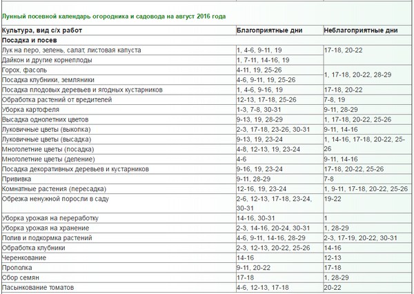 Lunar calendar truck farmer for August 2016 for the Moscow region, the middle zone of Russia, the Urals, Siberia, the Northwest, Belarus and Ukraine