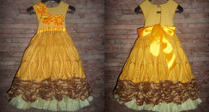 Festive dress for the girl crocheting with her hands, step by step photos and description