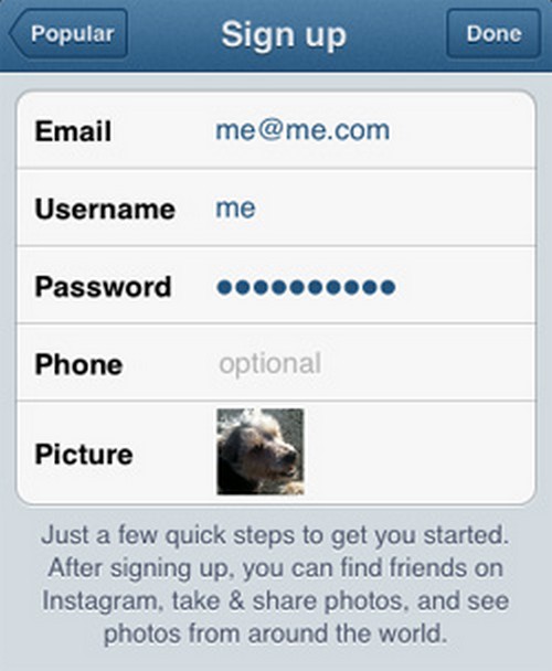 Instructions for registration in Instagram
