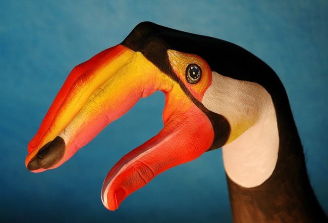 The hand is painted under a bird