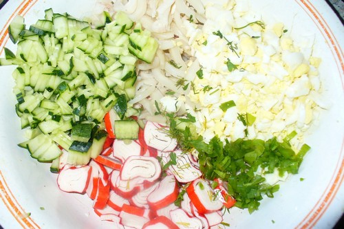 Shrimp salad with crab sticks