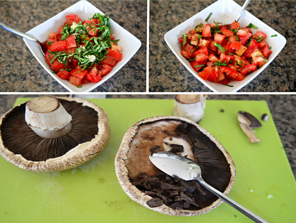 Grilled champignons with tomato and shrimp stuffing, delicious recipe
