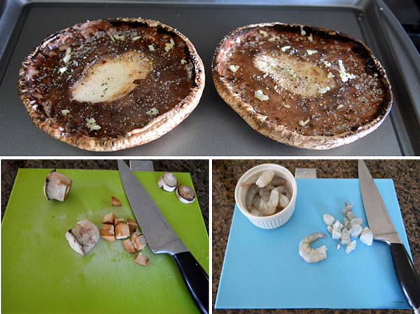 Grilled champignons with tomato and shrimp stuffing, delicious recipe