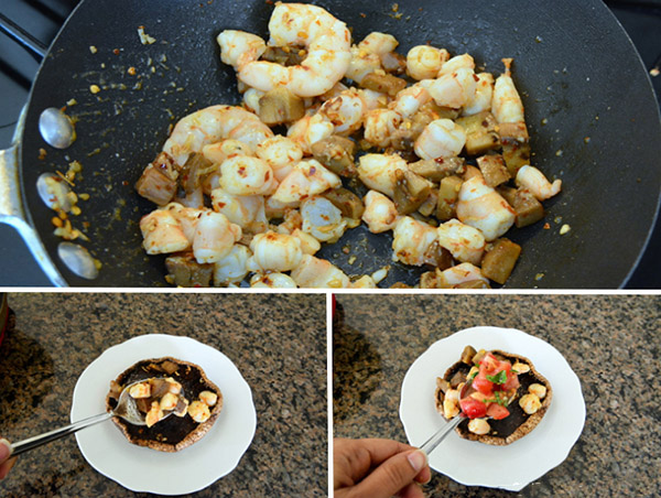 Grilled champignons with tomato and shrimp stuffing, delicious recipe